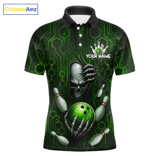 Black And Green Custom Skull Bowling Shirt For Men, Hexagon Bowling Team Jersey Polo & 1/4 Zip TDM6426