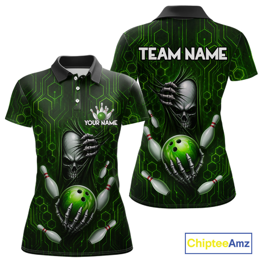 Black And Green Custom Skull Bowling Shirt For Women, Hexagon Bowling Team Jersey Polo & 1/4 Zip TDM6426