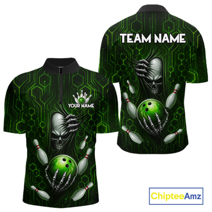 Black And Green Custom Skull Bowling Shirt For Men, Hexagon Bowling Team Jersey Polo & 1/4 Zip TDM6426