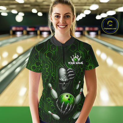 Black And Green Custom Skull Bowling Shirt For Women, Hexagon Bowling Team Jersey Polo & 1/4 Zip TDM6426