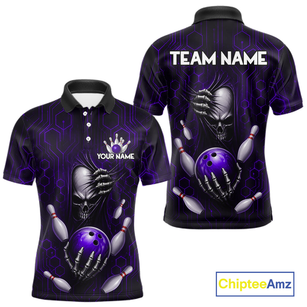 Black And Purple Custom Skull Bowling Shirt For Men, Hexagon Bowling Team Jersey Polo & 1/4 Zip TDM6427