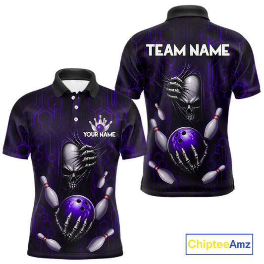 Black And Purple Custom Skull Bowling Shirt For Men, Hexagon Bowling Team Jersey Polo & 1/4 Zip TDM6427
