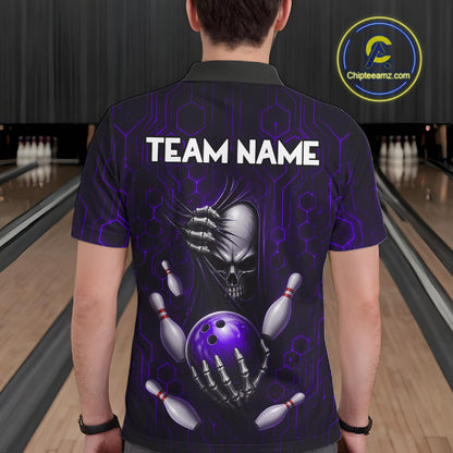 Black And Purple Custom Skull Bowling Shirt For Men, Hexagon Bowling Team Jersey Polo & 1/4 Zip TDM6427