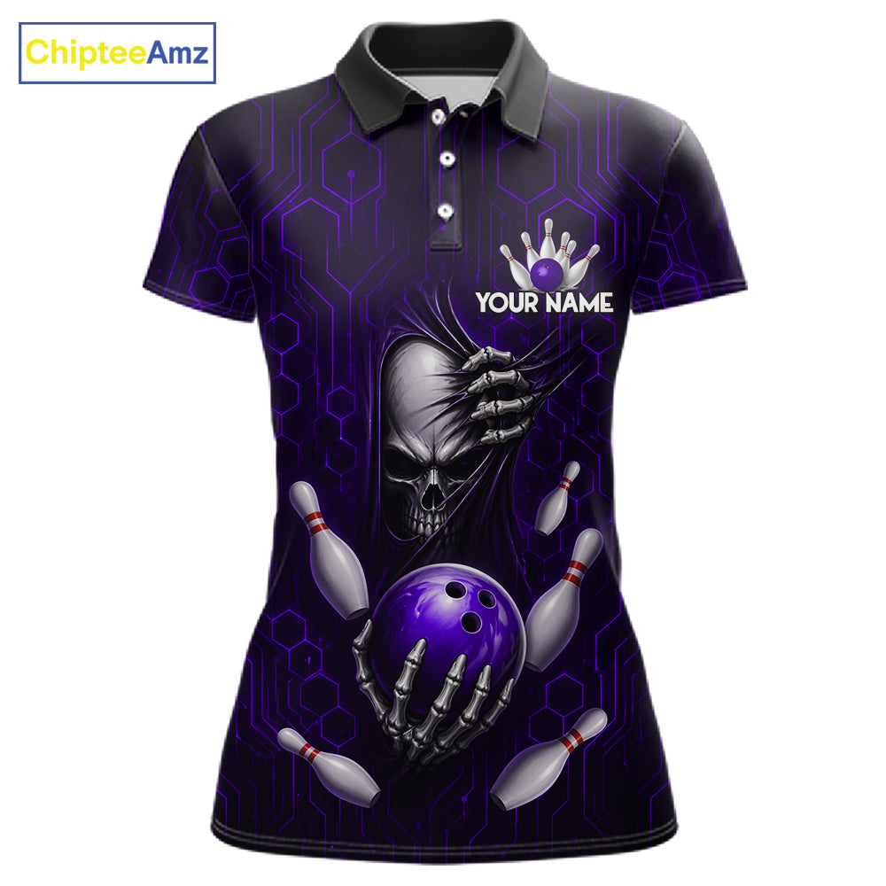 Black And Purple Custom Skull Bowling Shirt For Women, Hexagon Bowling Team Jersey Polo & 1/4 Zip TDM6427