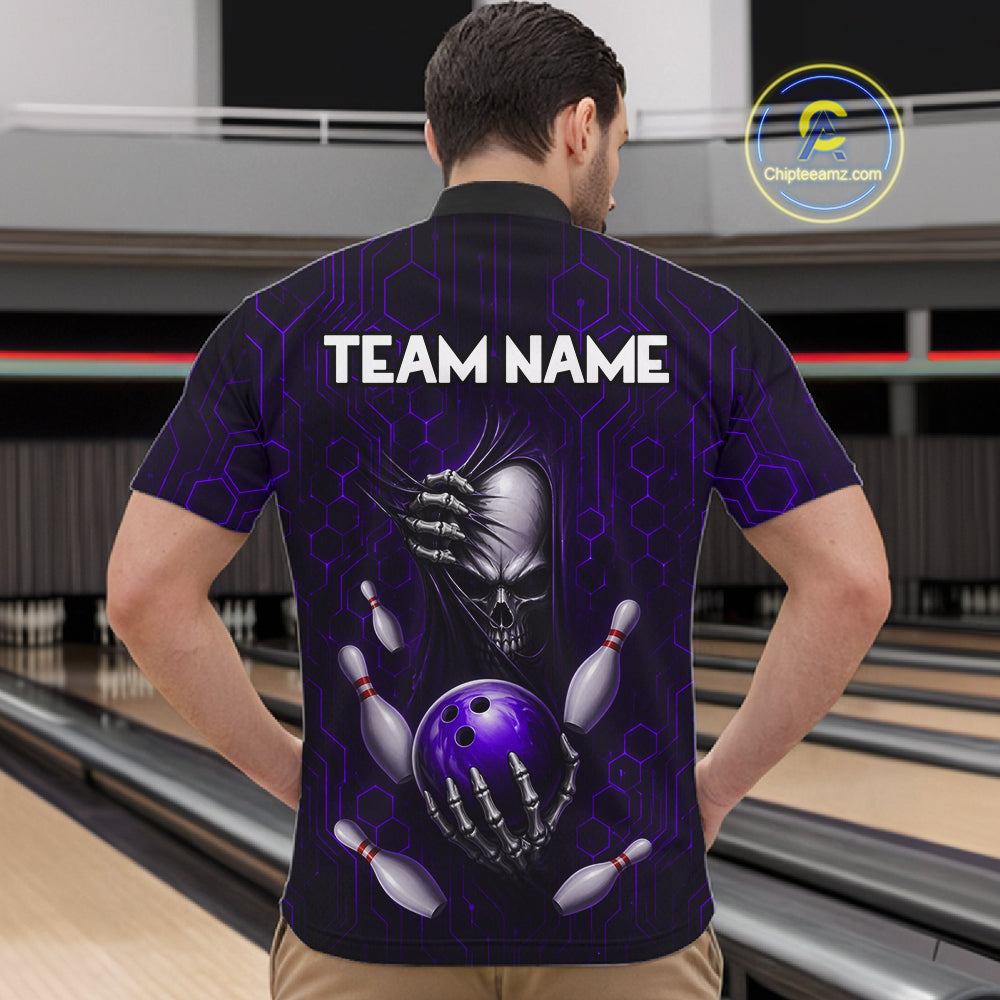 Black And Purple Custom Skull Bowling Shirt For Men, Hexagon Bowling Team Jersey Polo & 1/4 Zip TDM6427