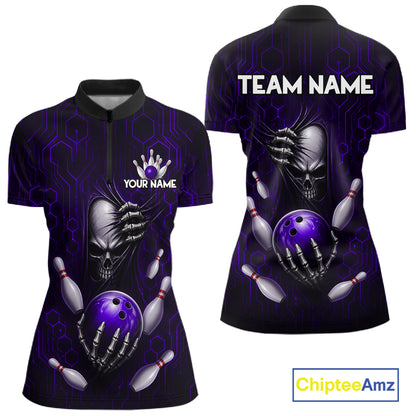 Black And Purple Custom Skull Bowling Shirt For Women, Hexagon Bowling Team Jersey Polo & 1/4 Zip TDM6427