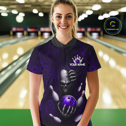 Black And Purple Custom Skull Bowling Shirt For Women, Hexagon Bowling Team Jersey Polo & 1/4 Zip TDM6427