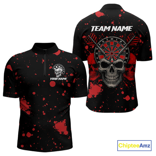 Black And Red Paint Skull Dart Shirts For Men Custom Dart Jerseys, Darts Team Shirt Polo & 1/4 Zip TDM4086