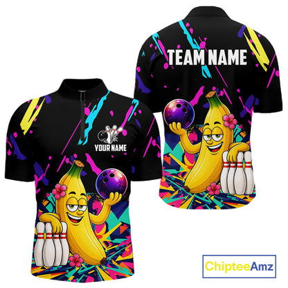 Colorful quarter zip shirt with a cartoon banana bowling design with customizable your name and team name