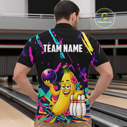 Colorful Bowling Jersey Funny Banana Bowling Polo & 1/4 Zip For Men, Custom Bowling Team Shirts TDM6626