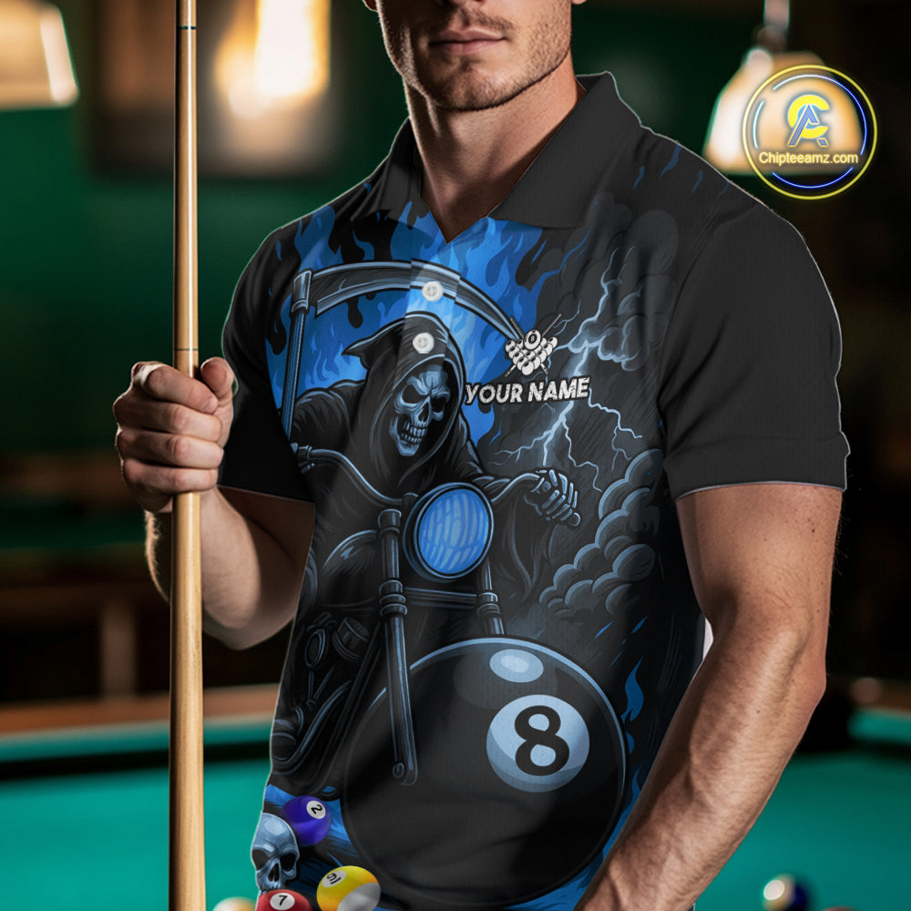 Man wearing a blue flame grim reaper motorcycle 8 ball billiard jersey front view.