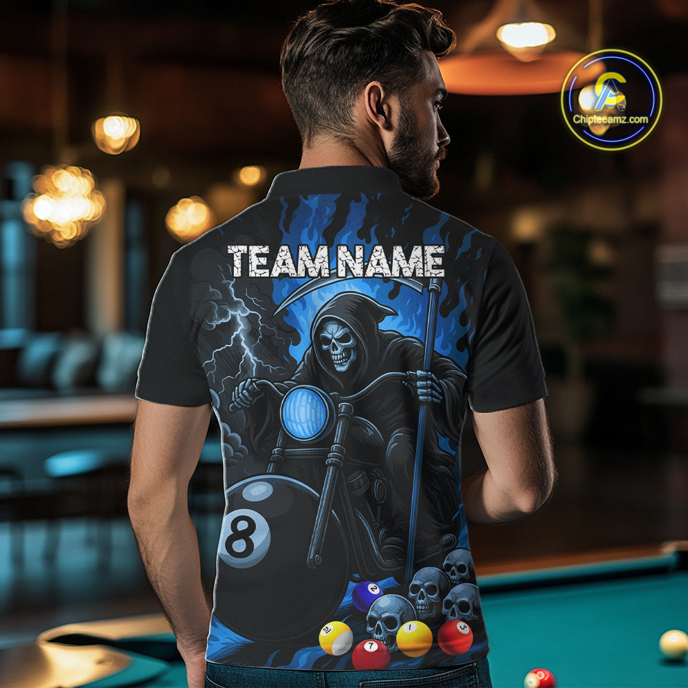 Back view of man wearing a blue flame grim reaper motorcycle 8 ball pool jersey.