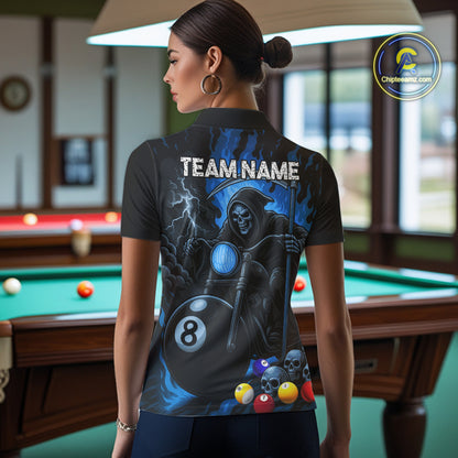 Back view of woman wearing a blue flame grim reaper motorcycle 8 ball pool jersey.