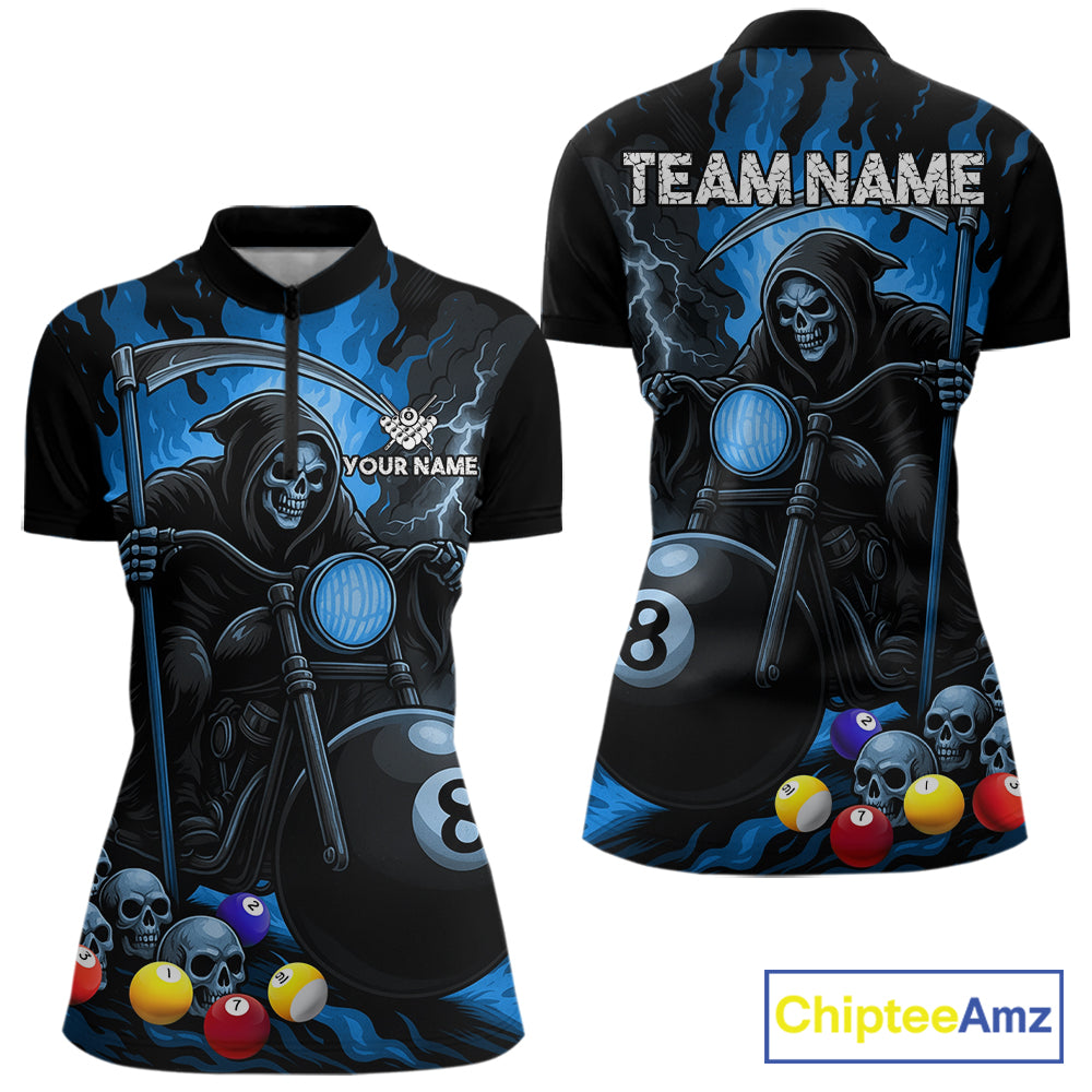 Blue flame grim reaper motorcycle 8 ball quarter zip billiard shirt for women, custom pool jersey.