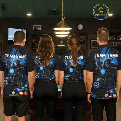 Back view of pool team wearing matching blue flame grim reaper motorcycle 8 ball billiard shirts.