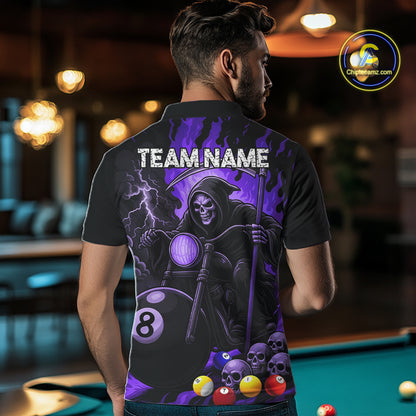 Back view of man wearing a purple flame grim reaper motorcycle 8 ball pool jersey.