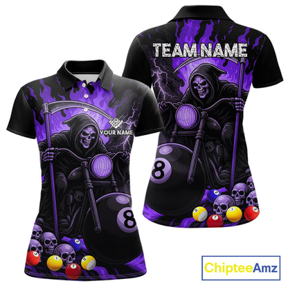 Purple flame grim reaper motorcycle 8 ball pool team polo shirt for women.