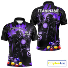 Load image into Gallery viewer, Purple flame grim reaper motorcycle 8 ball pool team polo shirt for men.