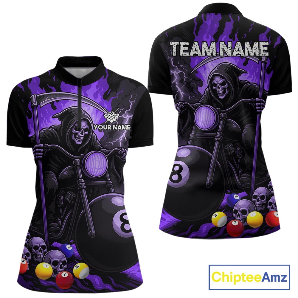 Purple flame grim reaper motorcycle 8 ball quarter zip billiard shirt for women, custom pool jersey.