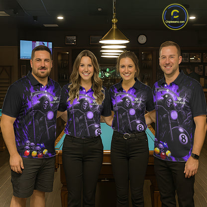 Pool team wearing matching purple flame grim reaper motorcycle 8 ball billiard jerseys front view.