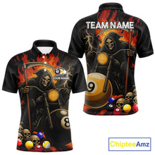 Load image into Gallery viewer, Personalized grim reaper motorcycle 8 ball and 9 ball billiard polo shirt for men, custom pool team jersey.