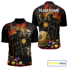 Load image into Gallery viewer, Grim reaper motorcycle 8 ball and 9 ball quarter zip billiard shirt for men, custom pool jersey.