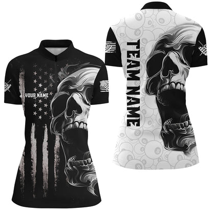 American Flag Skull Custom Women Billiard Jerseys Polo & Quarter- Zip, Patriotic Billiard Shirts TDM2374