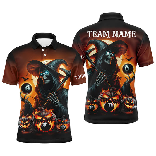 Grim Reaper & Pumpkin With 8 Ball Pool Billiard Jerseys For Men, Funny Halloween Billiard Shirts TDM2377