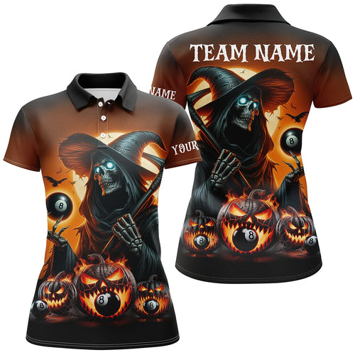 Death Skeleton & Pumpkin With 8 Ball Pool Billiard Jerseys For Women, Funny Halloween Billiard Shirts TDM2377