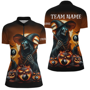 Death Skeleton & Pumpkin With 8 Ball Pool Billiard Jerseys For Women, Funny Halloween Billiard Shirts TDM2377