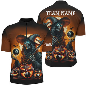 Death Skeleton & Pumpkin With 8 Ball Pool Billiard Jerseys For Men, Funny Halloween Billiard Shirts TDM2377