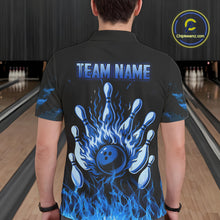 Load image into Gallery viewer, Blue Flaming American Flag Skull Bowling Shirt For Men Custom Fire Bowling Team Jersey TDM4692