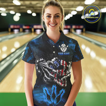 Load image into Gallery viewer, Blue Flaming American Flag Skull Bowling Shirt For Women Custom Fire Bowling Team Jersey TDM4692