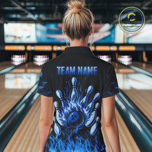 Load image into Gallery viewer, Blue Flaming American Flag Skull Bowling Shirt For Women Custom Fire Bowling Team Jersey TDM4692