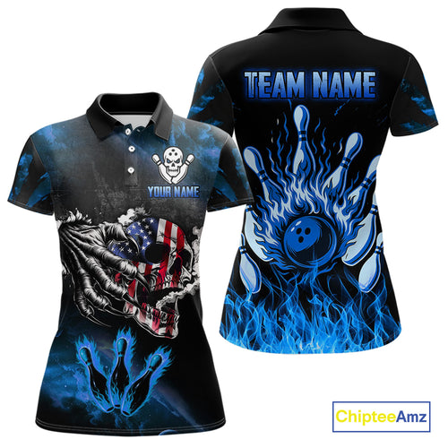 Blue Flaming American Flag Skull Bowling Shirt For Women Custom Fire Bowling Team Jersey TDM4692
