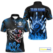 Load image into Gallery viewer, Blue Flaming American Flag Skull Bowling Shirt For Men Custom Fire Bowling Team Jersey TDM4692