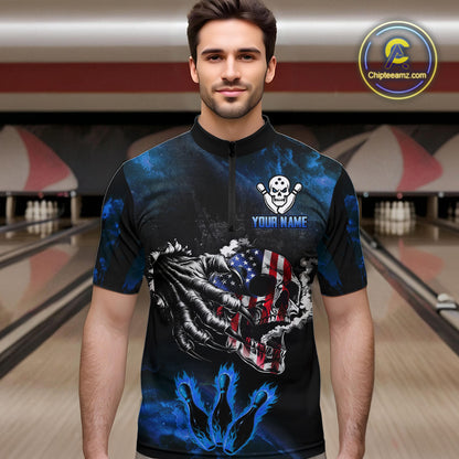 Blue Flaming American Flag Skull Bowling Shirt For Men Custom Fire Bowling Team Jersey TDM4692