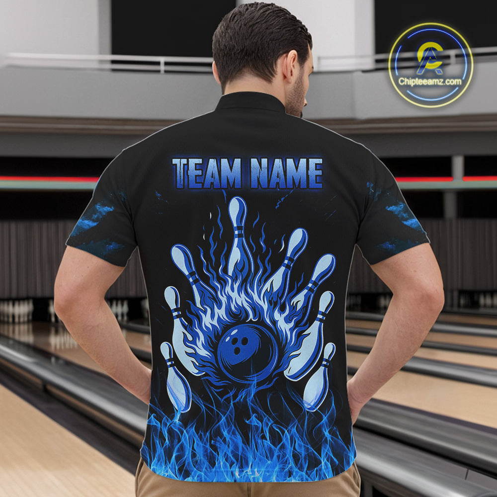 Blue Flaming American Flag Skull Bowling Shirt For Men Custom Fire Bowling Team Jersey TDM4692