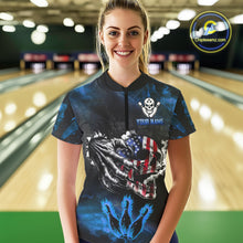 Load image into Gallery viewer, Blue Flaming American Flag Skull Bowling Shirt For Women Custom Fire Bowling Team Jersey TDM4692