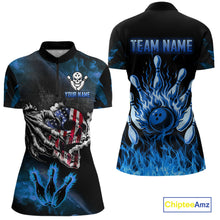 Load image into Gallery viewer, Blue Flaming American Flag Skull Bowling Shirt For Women Custom Fire Bowling Team Jersey TDM4692