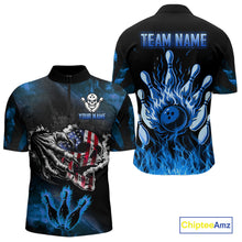Load image into Gallery viewer, Blue Flaming American Flag Skull Bowling Shirt For Men Custom Fire Bowling Team Jersey TDM4692