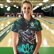 Load image into Gallery viewer, Turquoise Flaming American Flag Skull Bowling Shirt For Women Custom Fire Bowling Team Jersey TDM4693