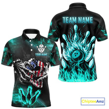 Load image into Gallery viewer, Turquoise Flaming American Flag Skull Bowling Shirt For Men Custom Fire Bowling Team Jersey TDM4693