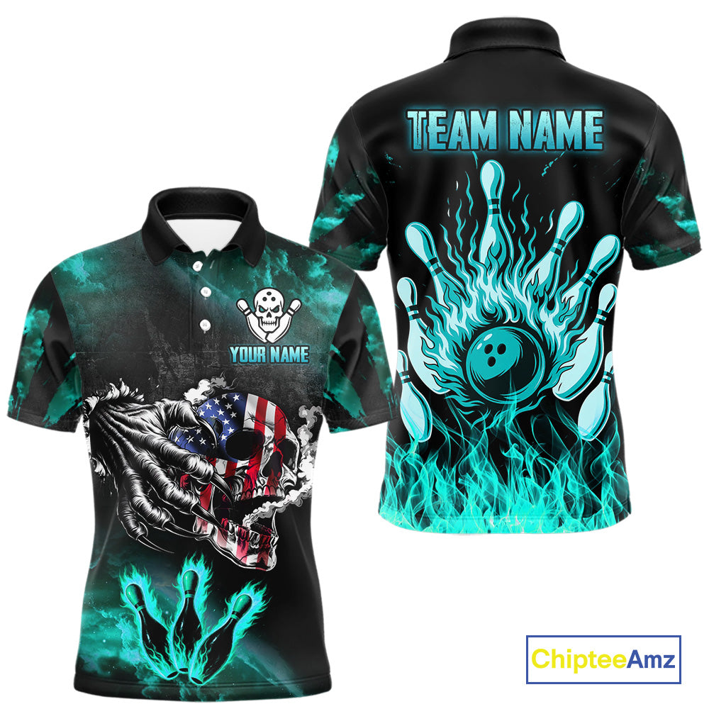 Turquoise Flaming American Flag Skull Bowling Shirt For Men Custom Fire Bowling Team Jersey TDM4693