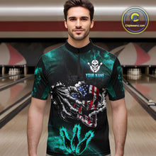 Load image into Gallery viewer, Turquoise Flaming American Flag Skull Bowling Shirt For Men Custom Fire Bowling Team Jersey TDM4693