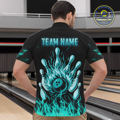 Turquoise Flaming American Flag Skull Bowling Shirt For Men Custom Fire Bowling Team Jersey TDM4693