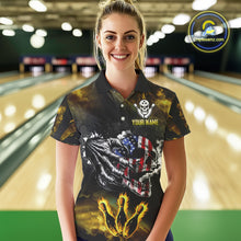 Load image into Gallery viewer, Yellow Flaming American Flag Skull Bowling Shirt For Women Custom Fire Bowling Team Jersey TDM4694