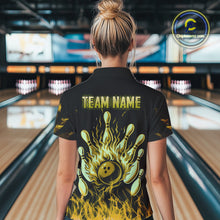 Load image into Gallery viewer, Yellow Flaming American Flag Skull Bowling Shirt For Women Custom Fire Bowling Team Jersey TDM4694