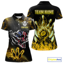 Load image into Gallery viewer, Yellow Flaming American Flag Skull Bowling Shirt For Women Custom Fire Bowling Team Jersey TDM4694