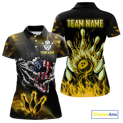 Yellow Flaming American Flag Skull Bowling Shirt For Women Custom Fire Bowling Team Jersey TDM4694